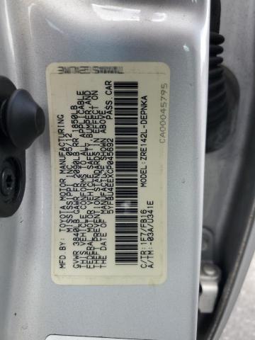 5YFBU4EEXCP045692 - 2012 TOYOTA COROLLA BASE SILVER photo 12