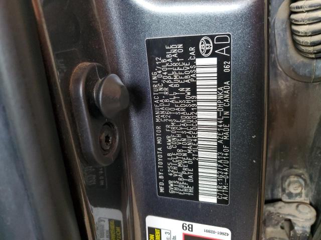 2T1LE4EE0CC021919 - 2012 TOYOTA COROLLA MA S GRAY photo 13