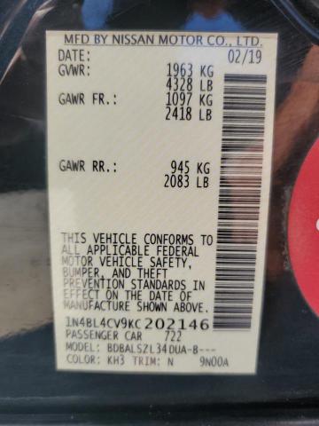 1N4BL4CV9KC202146 - 2019 NISSAN ALTIMA SR Noir photo 12