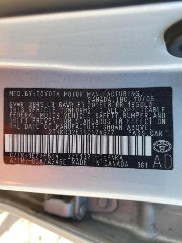 2T1KR32E16C574677 - 2006 TOYOTA COROLLA MA XR SILVER photo 12