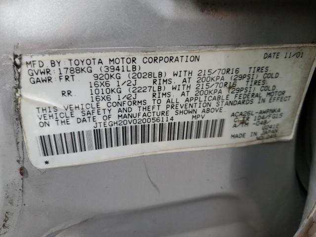 JTEGH20V020056114 - 2002 TOYOTA RAV4 SILVER photo 12