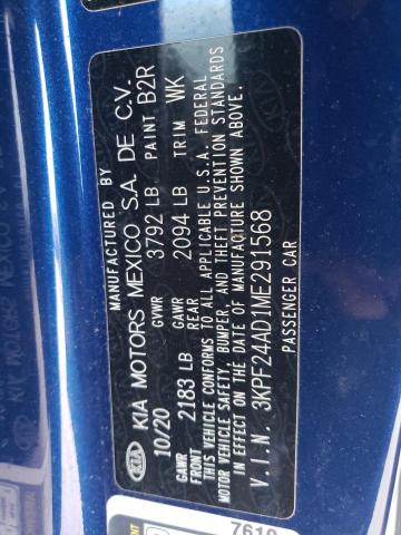 3KPF24AD1ME291568 - 2021 KIA FORTE FE BLUE photo 12