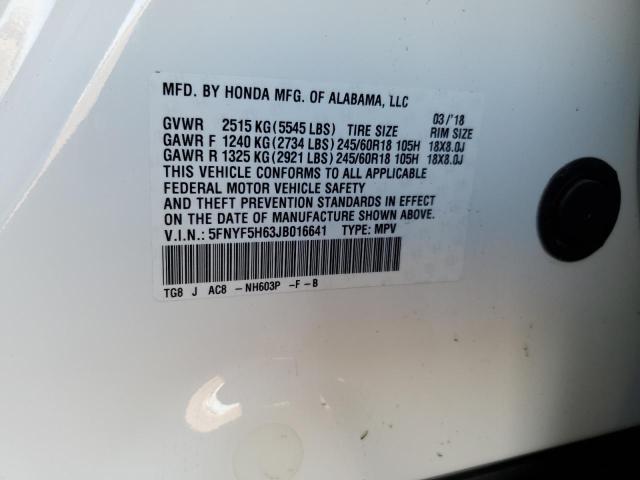 5FNYF5H63JB016641 - 2018 HONDA PILOT EXL 白色 照片 14