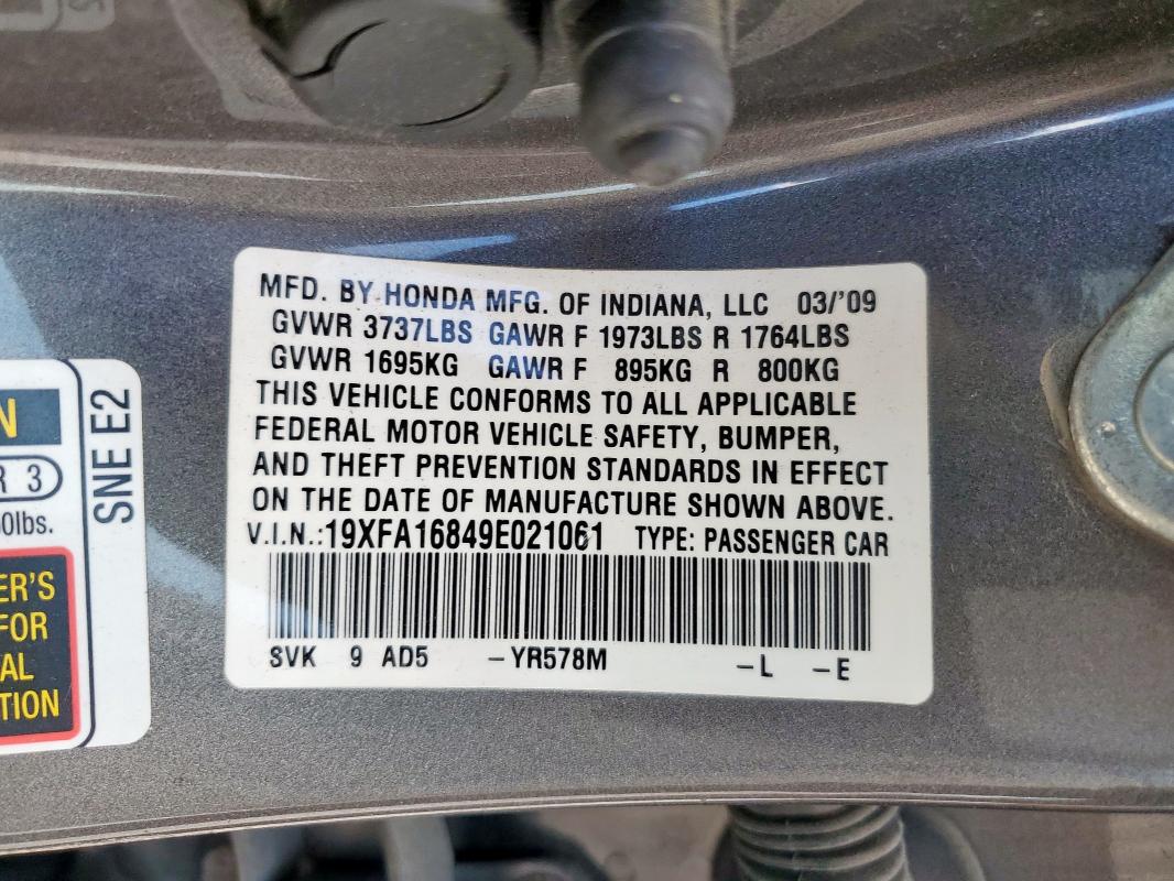 19XFA16849E021061 - 2009 HONDA CIVIC EX Boz foto 12