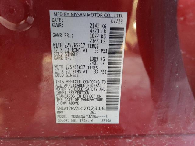 5N1AT2MV2LC702316 - 2020 NISSAN ROGUE S RED photo 12