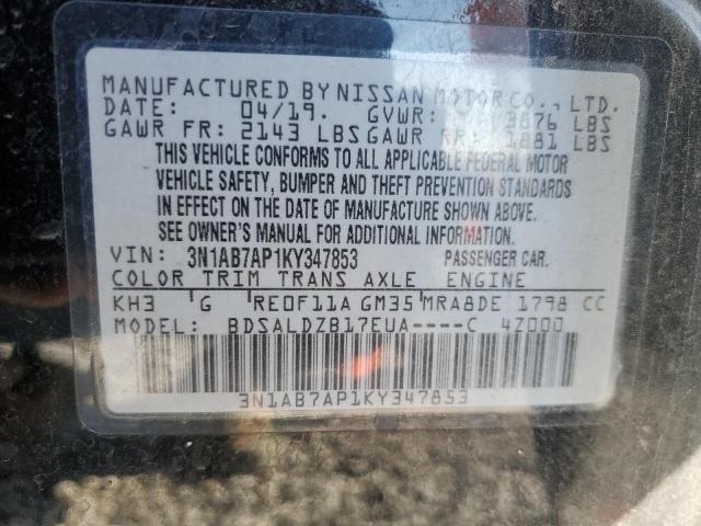 3N1AB7AP1KY347853 - 2019 NISSAN SENTRA S BLACK photo 12