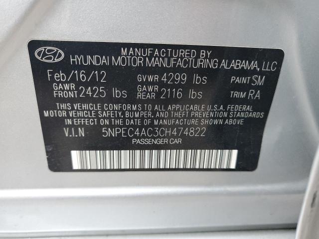 5NPEC4AC3CH474822 - 2012 HYUNDAI SONATA SE SILVER photo 12