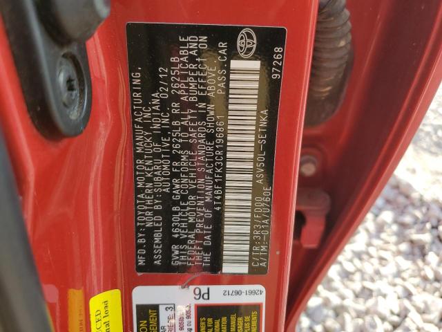 4T4BF1FK3CR196861 - 2012 TOYOTA CAMRY BASE 红色 照片 12