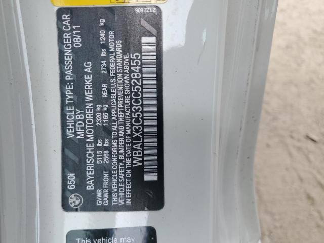 WBALX3C53CC528455 - 2012 BMW 650 I WHITE photo 12