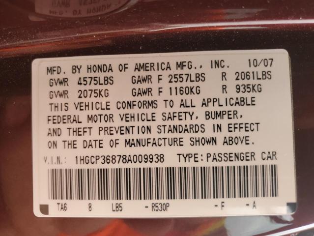 1HGCP36878A009938 - 2008 HONDA ACCORD EXL Bordo foto 12