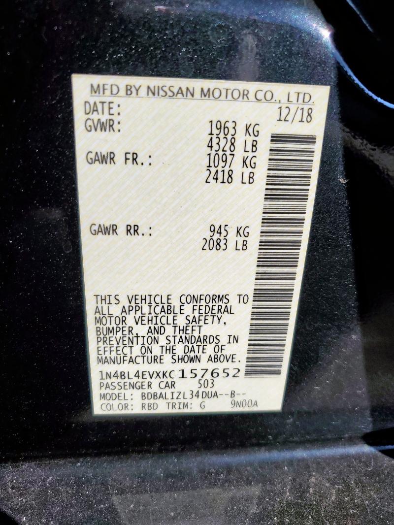 1N4BL4EVXKC157652 - 2019 NISSAN ALTIMA SL CHARCOAL photo 12