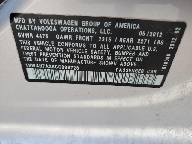 1VWAH7A36CC088728 - 2012 VOLKSWAGEN PASSAT S Արծաթագույն լուսանկար 12