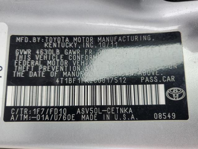 4T1BF1FK2CU017512 - 2012 TOYOTA CAMRY BASE SILVER photo 12