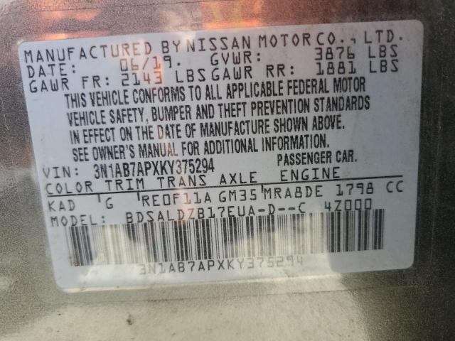 3N1AB7APXKY375294 - 2019 NISSAN SENTRA S GRAY photo 12