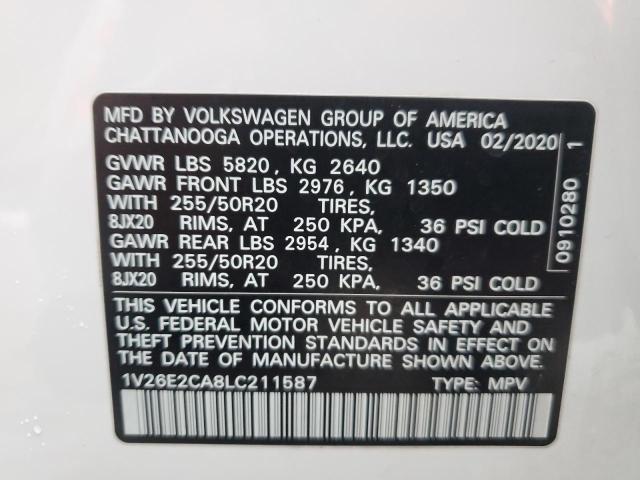 1V26E2CA8LC211587 - 2020 VOLKSWAGEN ATLAS CROS SE WHITE photo 13