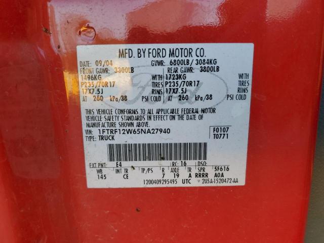 1FTRF12W65NA27940 - 2005 FORD F150 RED photo 12