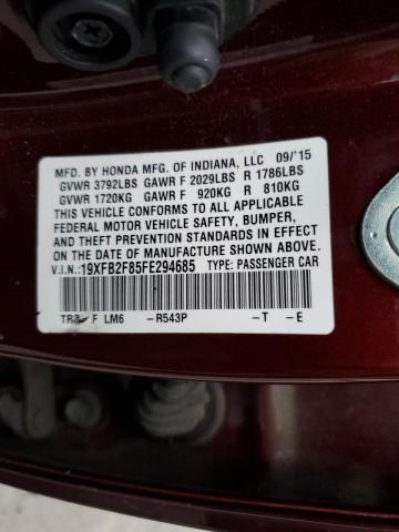 19XFB2F85FE294685 - 2015 HONDA CIVIC EX BURGUNDY photo 12