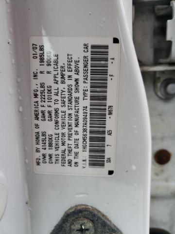 1HGCM56387A094974 - 2007 HONDA ACCORD SE WHITE photo 12