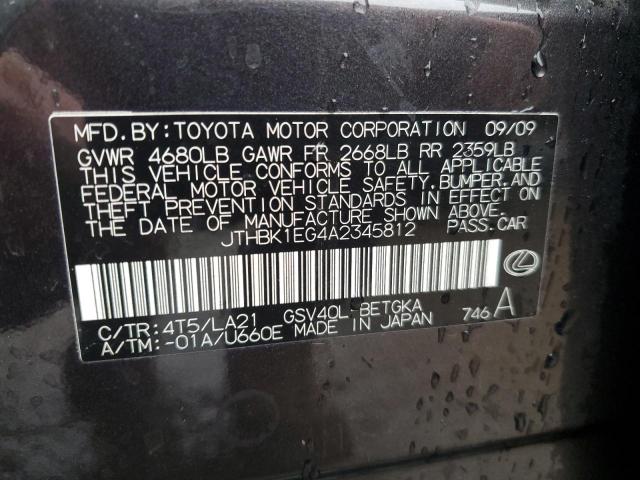 JTHBK1EG4A2345812 - 2010 LEXUS ES 350 GRAY photo 12