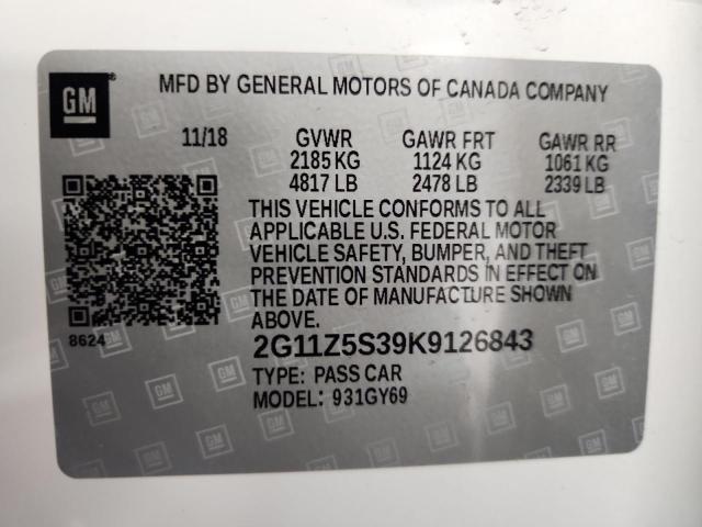 2G11Z5S39K9126843 - 2019 CHEVROLET IMPALA LT 白色 照片 12