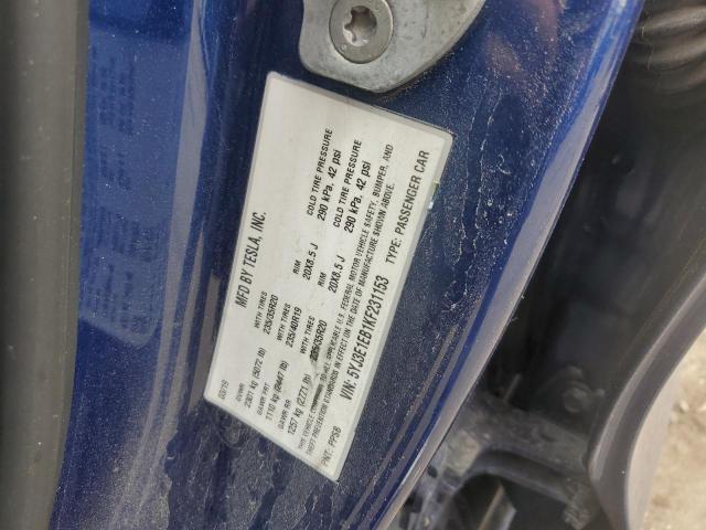 5YJ3E1EB1KF231153 - 2019 TESLA MODEL 3 Կապույտ լուսանկար 12