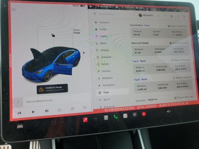 5YJ3E1EB1KF231153 - 2019 TESLA MODEL 3 Կապույտ լուսանկար 9