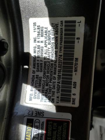 1HGFA16816L023774 - 2006 HONDA CIVIC EX GRAY photo 12