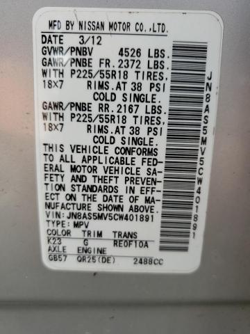 JN8AS5MV5CW401891 - 2012 NISS ROGUE S SILVER photo 13