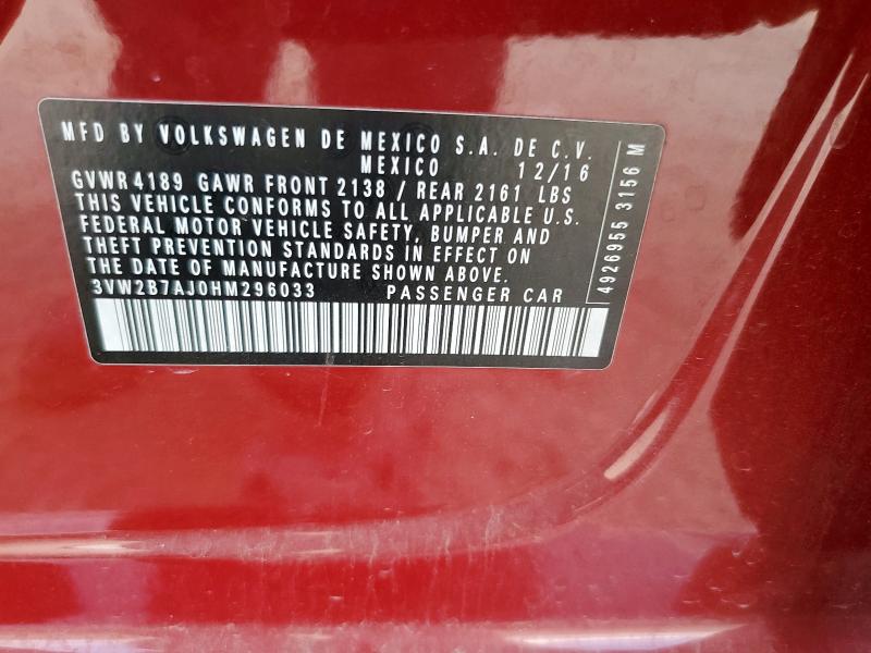 3VW2B7AJ0HM296033 - 2017 VOLKSWAGEN JETTA S RED photo 12