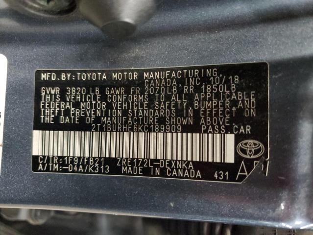 2T1BURHE6KC189909 - 2019 TOYT COROLLA L Gris photo 12