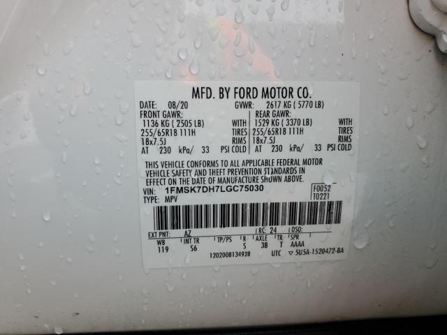 1FMSK7DH7LGC75030 - 2020 FORD EXPLORER XLT 白色 照片 14