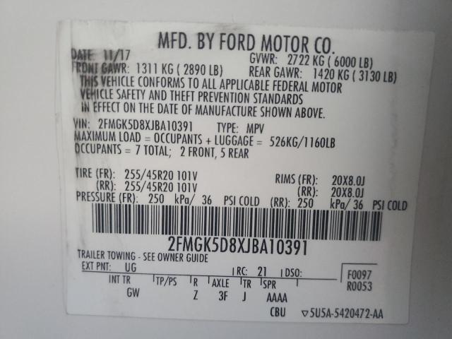 2FMGK5D8XJBA10391 - 2018 FORD FLEX LIMITED WHITE photo 13