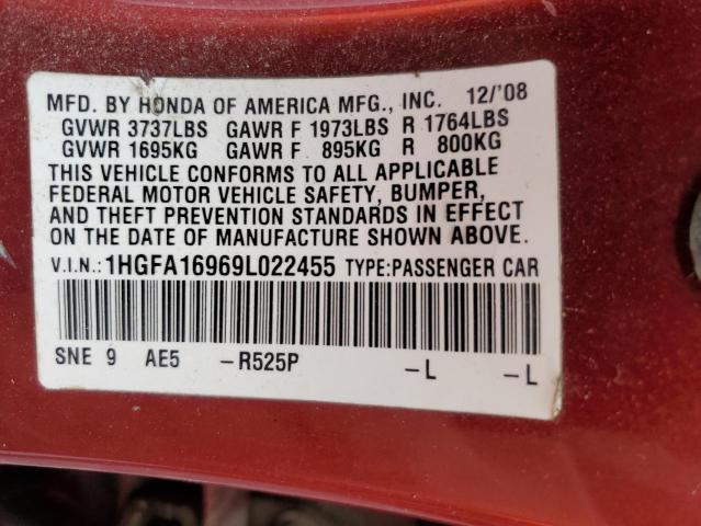 1HGFA16969L022455 - 2009 HONDA CIVIC EXL ბურგუნდია ფოტო 12