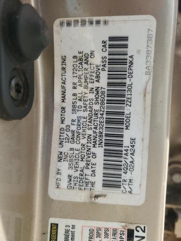 1NXBR32E34Z286087 - 2004 TOYOTA COROLLA CE GOLD photo 12