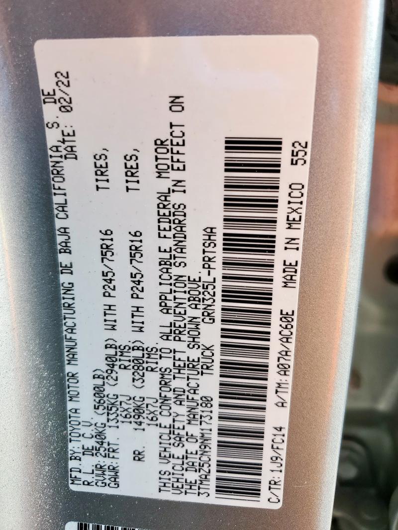 3TMAZ5CN9NM173180 - 2022 TOYOTA TACOMA DOUBLE CAB SILVER photo 12