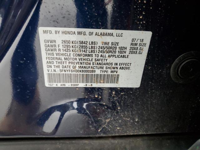 5FNYF6H00KB000089 - 2019 HONDA PILOT ELITE BLUE photo 14