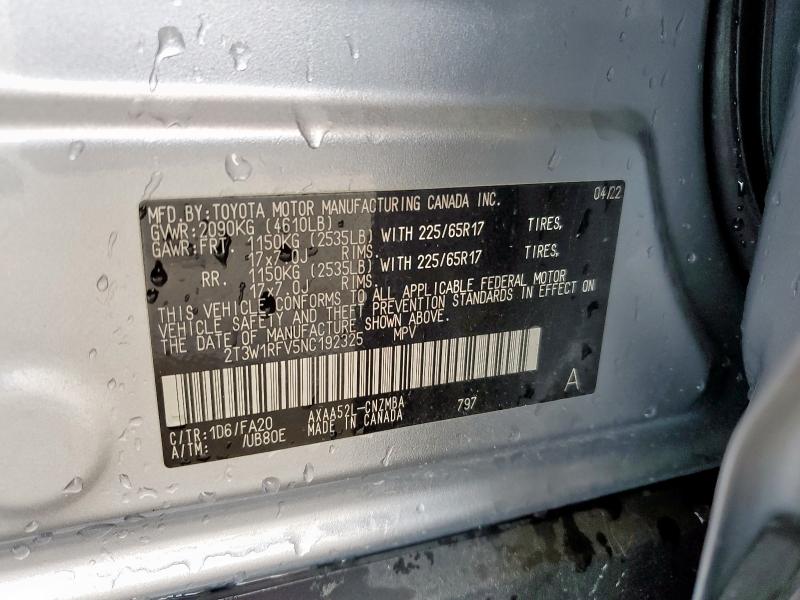 2T3W1RFV5NC192325 - 2022 TOYOTA RAV4 XLE SILVER photo 12