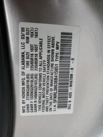 5FNRL38638B415951 - 2008 HONDA ODYSSEY EXL SILVER photo 13