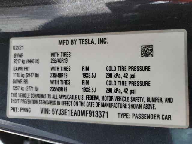 5YJ3E1EA0MF913371 - 2021 TESLA MODEL 3 GRAY photo 12