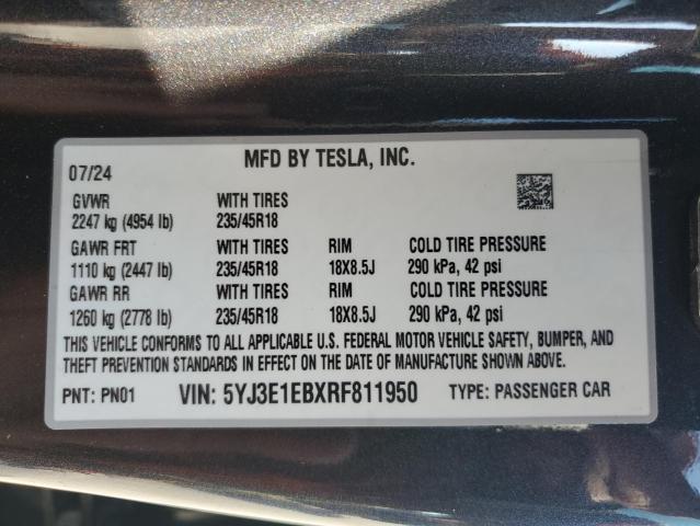 5YJ3E1EBXRF811950 - 2024 TESLA MODEL 3 Графитовый фото 13