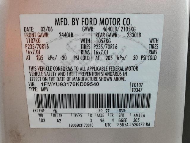 1FMYU93176KD09540 - 2006 FORD ESCAPE XLT SILVER photo 12