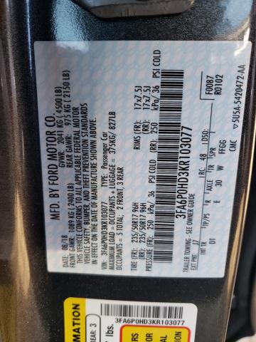 3FA6P0HD3KR103077 - 2019 FORD FUSION SE GRAY photo 12