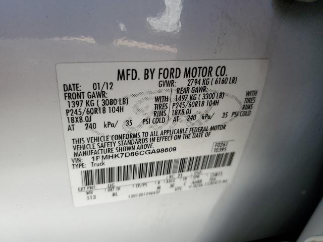 1FMHK7D86CGA98609 - 2012 FORD EXPLORER XLT WHITE photo 13