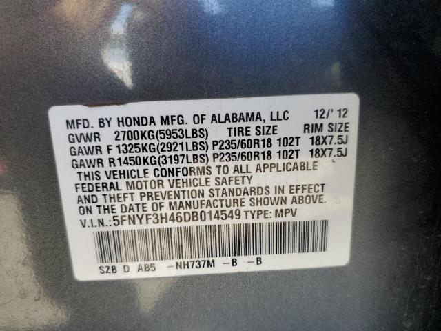5FNYF3H46DB014549 - 2013 HONDA PILOT EX GRAY photo 12