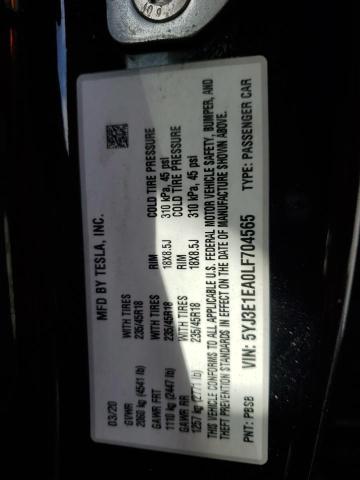 5YJ3E1EA0LF704565 - 2020 TESLA MODEL 3 BLACK photo 12