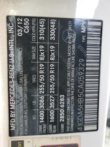 4JGDA5HB5CA059329 - 2012 MERCEDES-BENZ ML 350 4MATIC WHITE photo 14