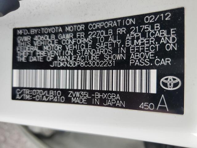 JTDKN3DP8C3002231 - 2012 TOYOTA PRIUS PLUG WHITE photo 12