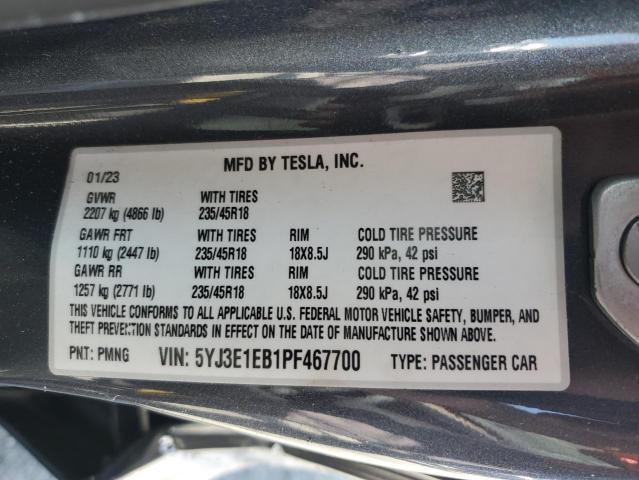 5YJ3E1EB1PF467700 - 2023 TESLA MODEL 3 GRAY photo 12