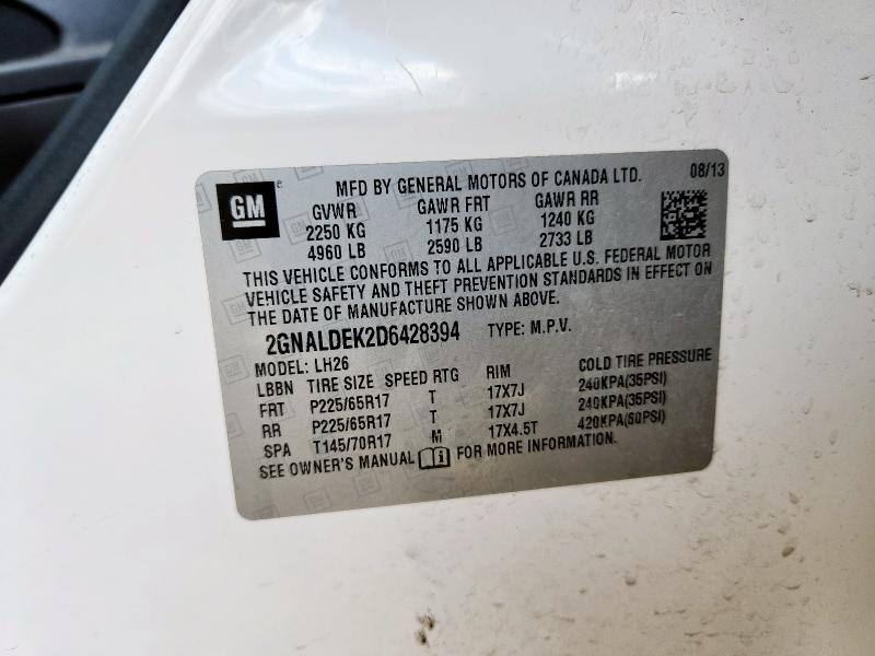 2GNALDEK2D6428394 - 2013 CHEVROLET EQUINOX LT WHITE photo 13