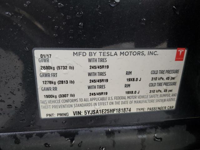 5YJSA1E25HF181874 - 2017 TESLA MODEL S GRAY photo 12